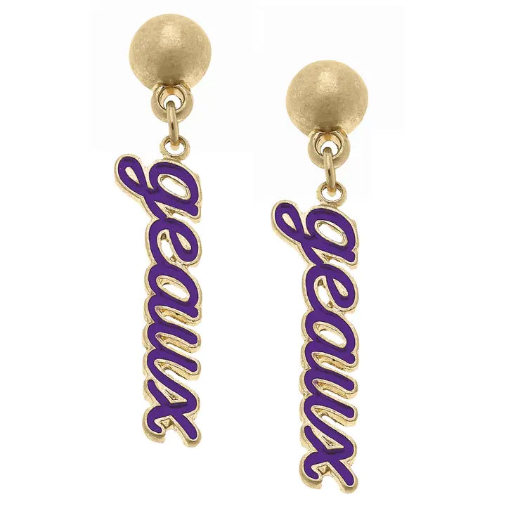 LSU Tigers Enamel Script Earrings in Purple