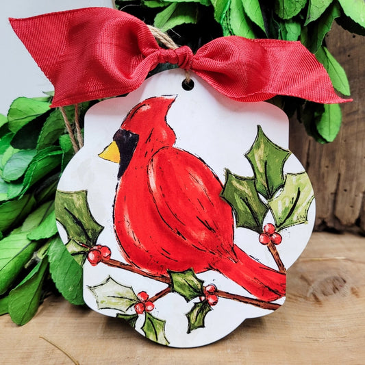 Cardinal On Holly Branch Christmas Ornament