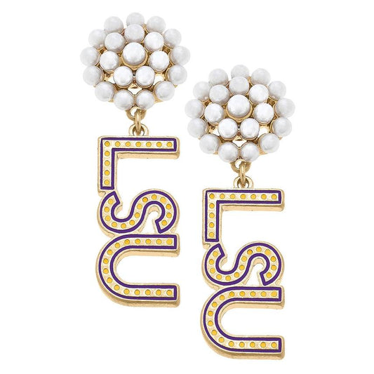 LSU Tigers Pearl Cluster Dotted Enamel Drop Earrings