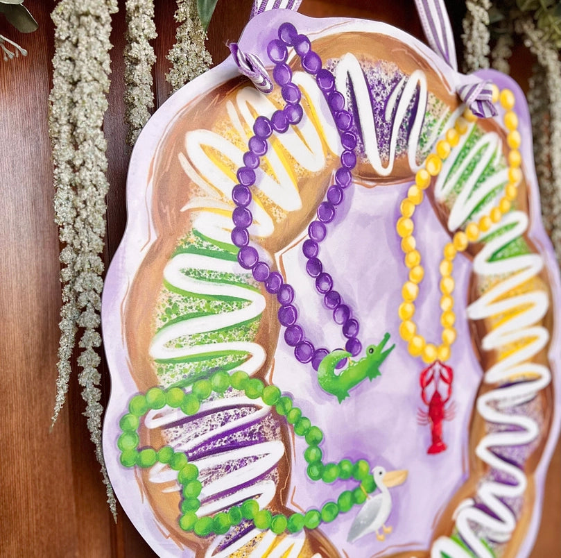 Mardi Gras King Cake with Beads Door Hanger