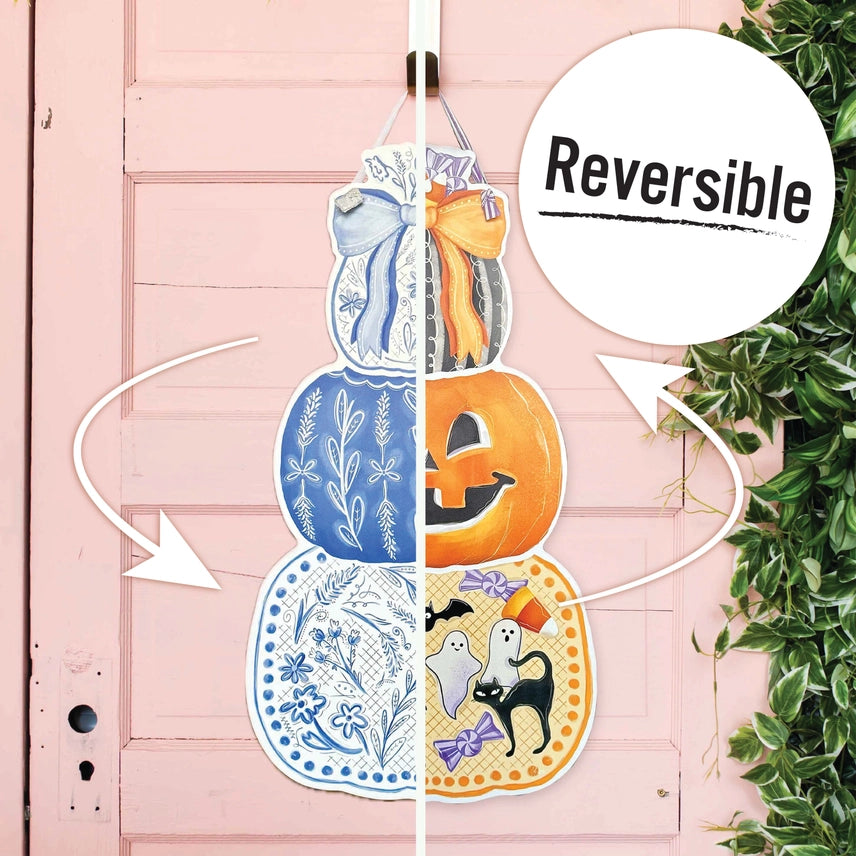 Stacked Blue Pumpkins/Halloween Reversible Door Hanger - Large