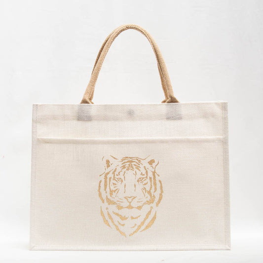 Easy Tiger Jute Pocket Tote   White/Gold   19x14x7.5