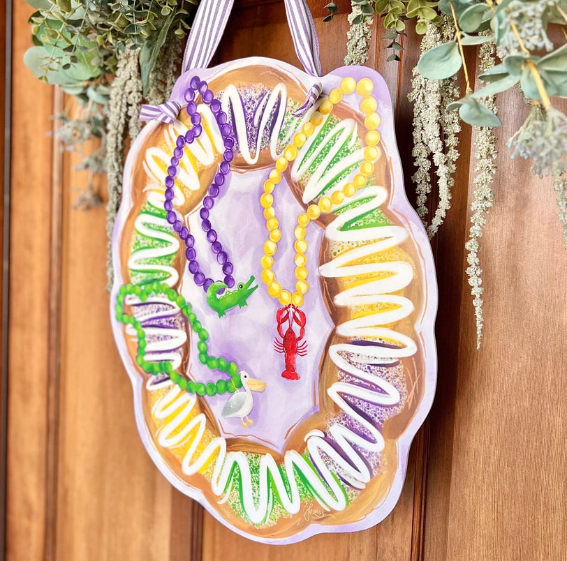 Mardi Gras King Cake with Beads Door Hanger