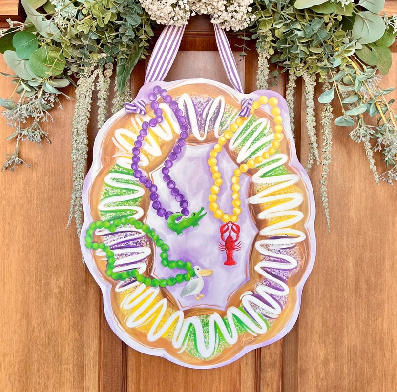 Mardi Gras King Cake with Beads Door Hanger